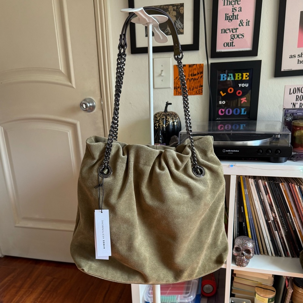 NWT Aimee Kestenberg Olive Green Suede Leather Tribeca Chain Tote Bag - Picture 5 of 16